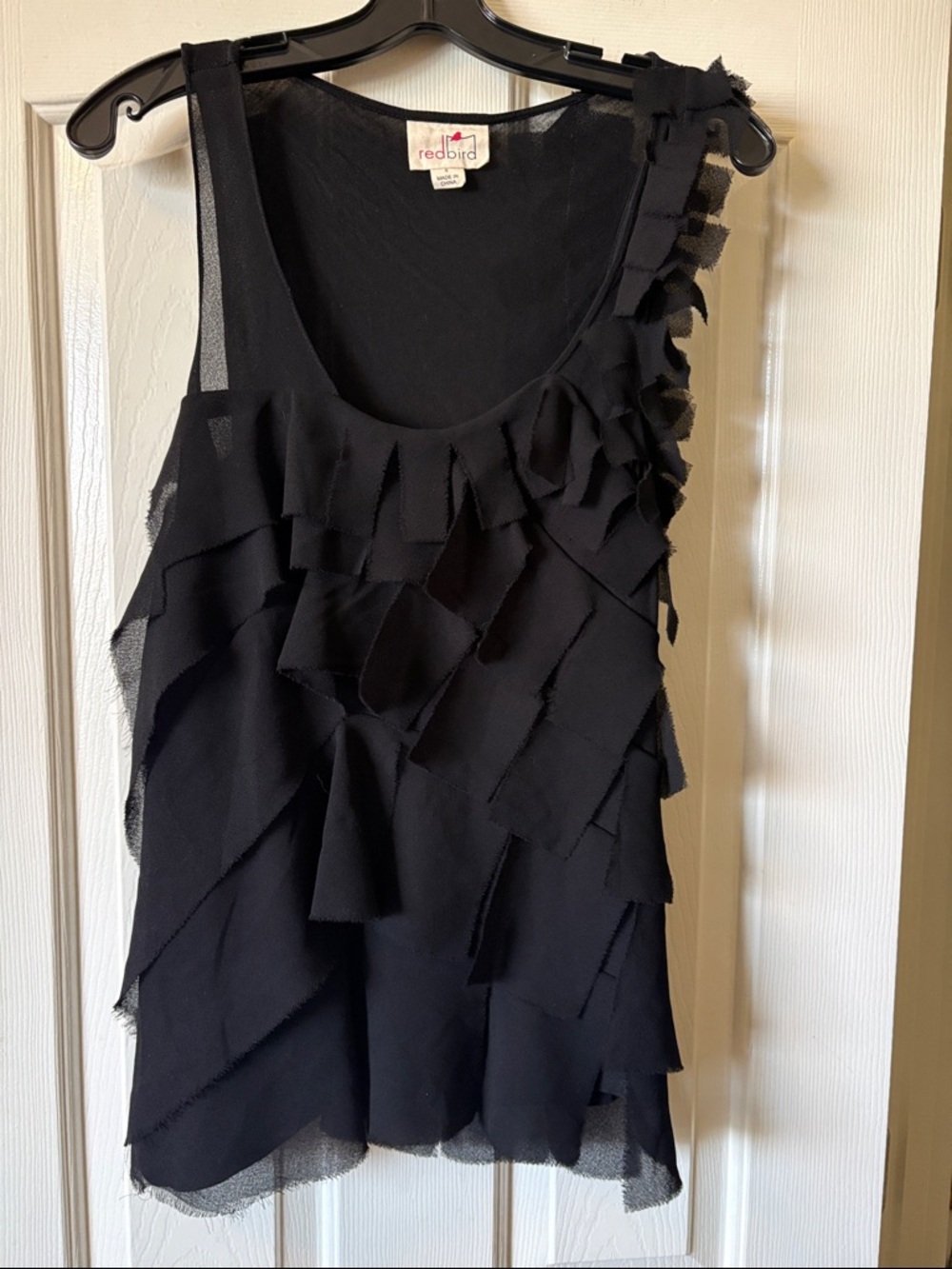 Red Bird EUC Ruffled Black Tank Top 100% Rayon size S